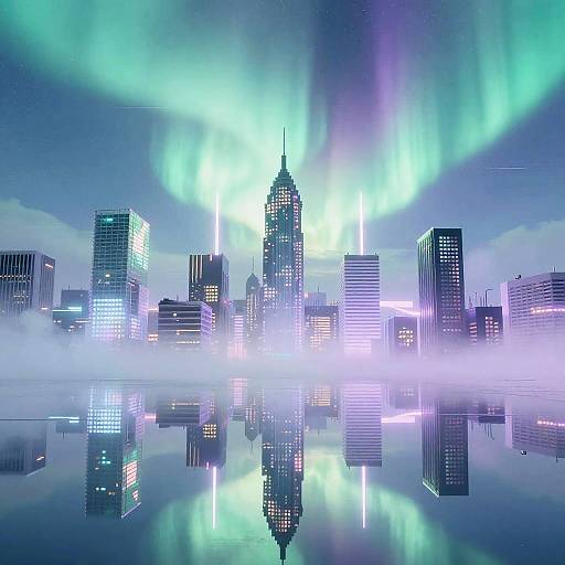 Photograph of a city skyline at night with vibrant green aurora borealis, illuminated buildings, and a reflective water surface.