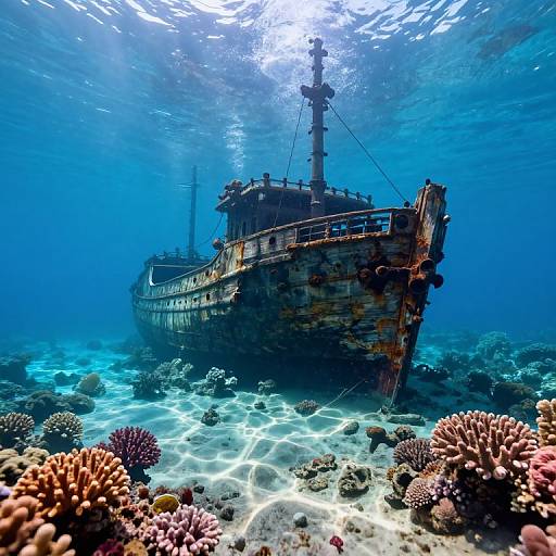 Photograph of a sunken, rusted pirate ship surrounded by vibrant coral reefs and clear blue ocean water, sunlight filtering through the water surface.