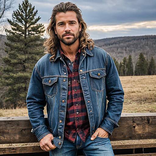 Man in Denim Jacket with Long Hair Outdoors