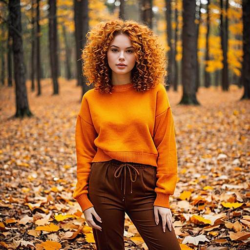 Young Woman in Orange Sweater in Autumn Forest
