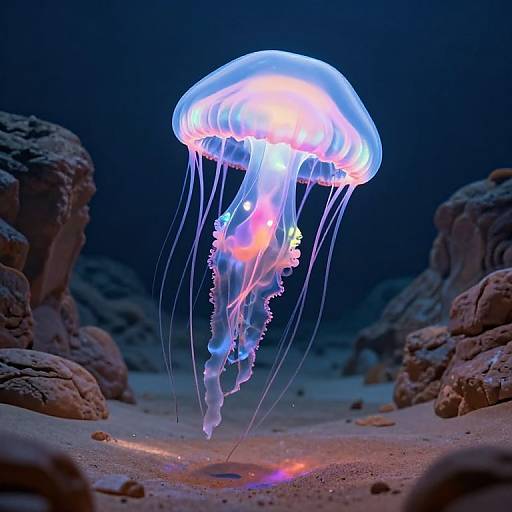 Photograph of a glowing, bioluminescent jellyfish with blue and pink hues, floating above a rocky, sandy ocean floor in dark blue water