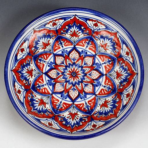 Photograph of a vibrant ceramic plate featuring intricate blue, red, and white floral and leaf patterns, symmetrically arranged in a circular design.
