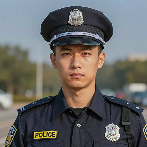 Serious Male Police Officer in Black Uniform