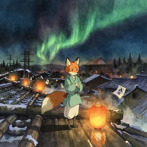 Fox Spirit on Snowy Rooftop Beneath Northern Lights