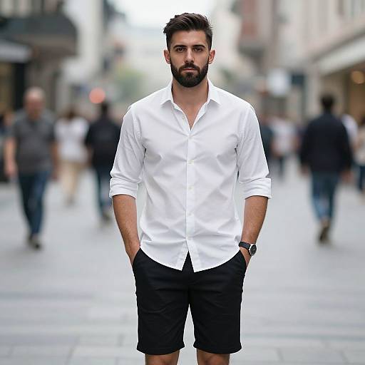 Photograph of a bearded man with dark hair, wearing a white button-up shirt and black shorts, standing in a blurred urban street with people walking