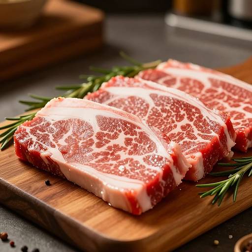 Photograph of three marbled, raw beef slices on a wooden cutting board with rosemary sprigs, set on a dark countertop.