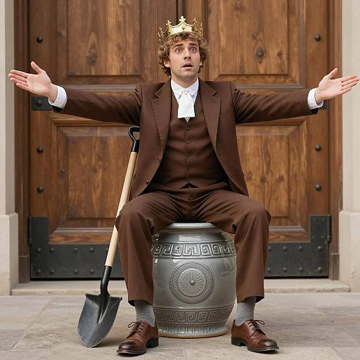 Surprised Man on Ornate Ceramic Pot