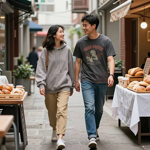 Photograph of an Asian couple walking down a narrow, outdoor market street, smiling, wearing casual clothes, with bread displays on both sides.