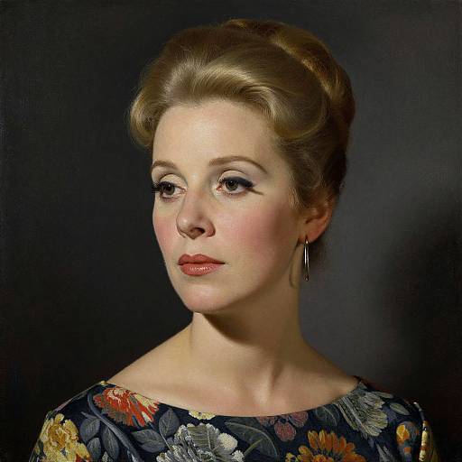 Photograph of a fair-skinned woman with styled brown hair, wearing red lipstick, floral dress, and silver earrings, against a dark background.