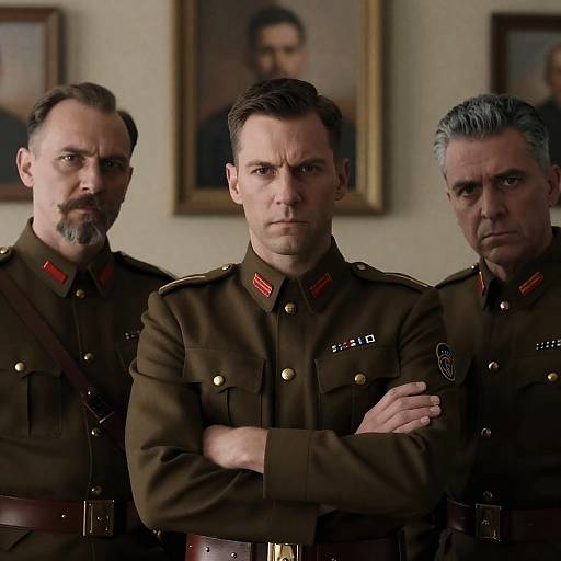 Three Men in Military Uniforms with Stern Expressions