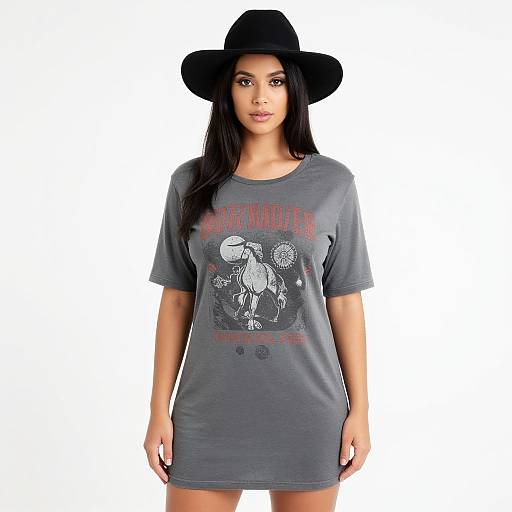 Photograph of a woman with long black hair, wearing a black hat and gray 