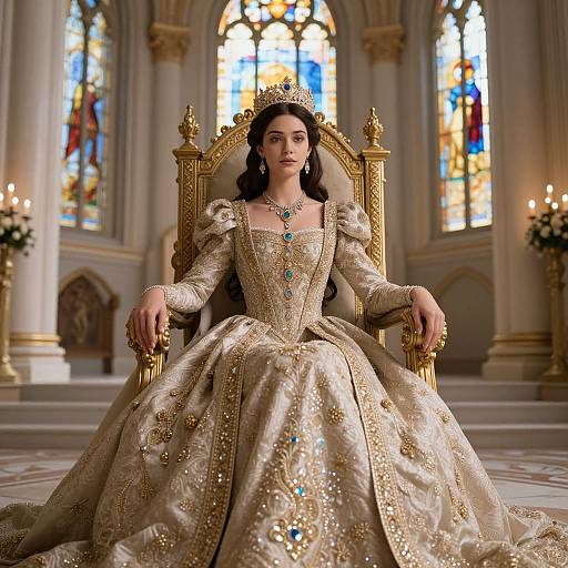 Photograph of a regal woman in an ornate, gold-embroidered gown with blue jewels, seated on a gold throne in a grand