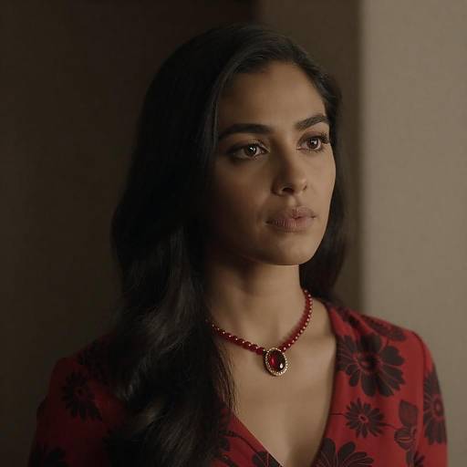 Serious Woman in Red Floral Top