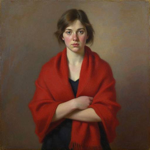 Photorealistic painting of a young woman with fair skin, brown hair, and red shawl, standing against a brown background, arms crossed.