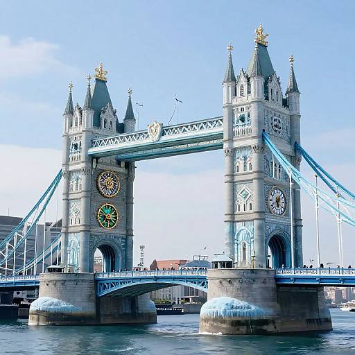 Photograph of London's Tower Bridge on a clear day, showcasing its ornate Gothic-style towers, blue suspension cables, and four circular clocks, with