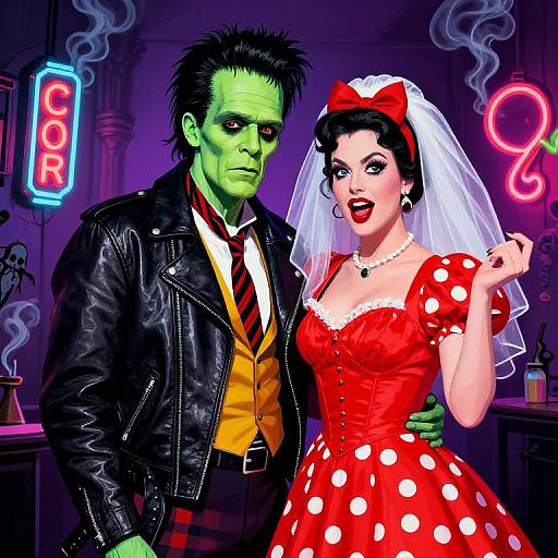 Digital illustration of green-skinned Hulk in leather jacket and plaid shirt, standing with pale-skinned bride in red polka dot dress and veil,