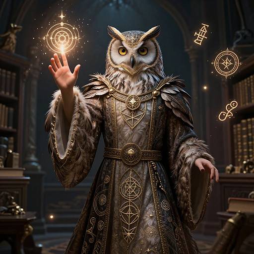 Digital artwork of a humanoid owl wizard in an ornate, dark robe, casting a glowing magical spell in a dim, medieval library.
