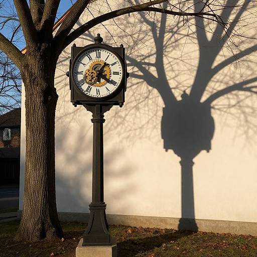 Photograph of a black, square clock with gold gears, casting a shadow of a tree on a white wall. Tree trunk on left, blue sky