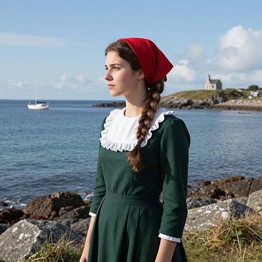 Photograph of a young woman with braided brown hair, wearing a red headscarf, green dress with white collar, standing by a rocky coastline
