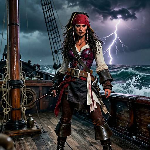 Photorealistic digital art: fierce pirate woman with red headscarf, black leather corset, white shirt, and brown pants, stands on storm