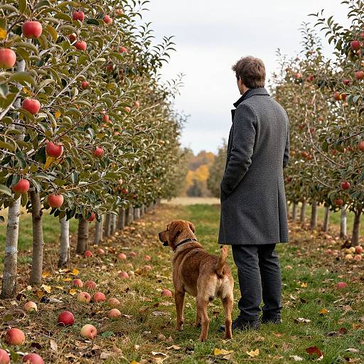 Photograph of a man in a gray coat and brown dog standing in an apple orchard, facing rows of apple trees with red apples on the ground