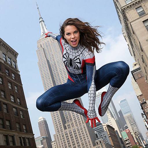 Photograph of a brown-haired woman in a Spider-Woman suit, mid-air leap, skyscrapers including the Empire State Building in the background.