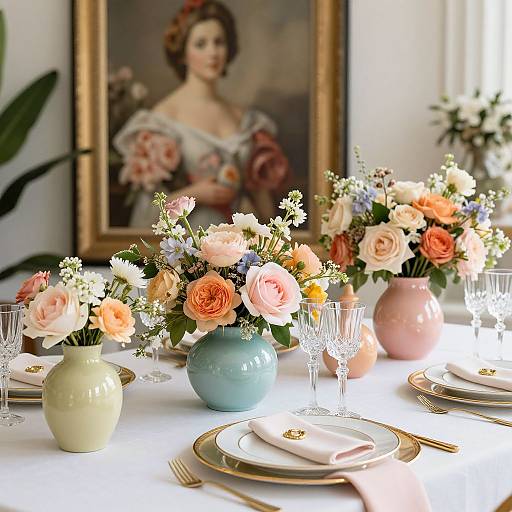 Elegant table setting with pastel ceramic vases, pink and peach roses, gold-rimmed plates, crystal glasses, and a classical portrait in