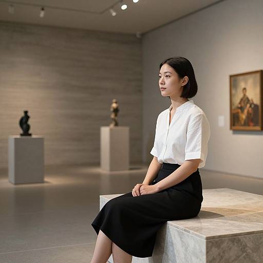 Photograph of an Asian woman with short black hair, wearing a white blouse and black skirt, sitting on a concrete bench in a modern art gallery with