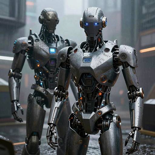 Digital CGI image of two futuristic, silver humanoid robots with blue and orange lights, standing in a rainy, neon-lit urban street.