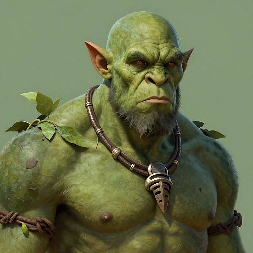 CGI image of a muscular, green-skinned orc with pointed ears, serious expression, leaf-adorned shoulders, and a tribal necklace against a