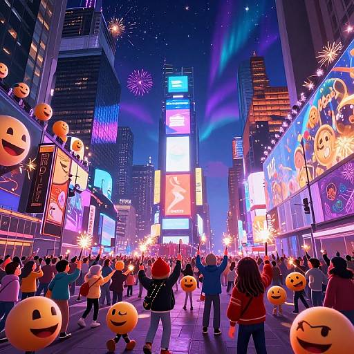 Vibrant, neon-lit city street at night, crowded with people dancing and holding smiling emoji balloons, surrounded by colorful digital billboards and fireworks