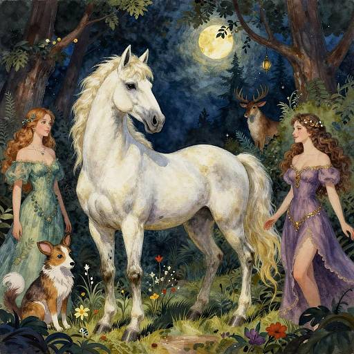 Fantasy painting: Two fairies in flowing dresses, one green and one purple, beside a majestic white horse, moonlit forest, deer, rabbit