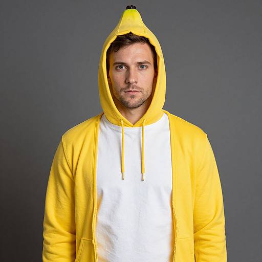 Photograph of a man with light skin, short brown hair, and stubble, wearing a bright yellow hoodie with a hood, over a white t