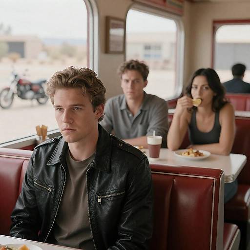 Serious Young Man in Leather Jacket at Diner