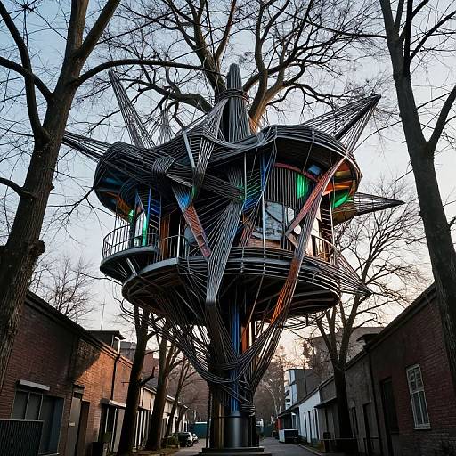 Photograph of a colorful, modern treehouse with intricate metal supports, set among bare trees and brick buildings at dusk.