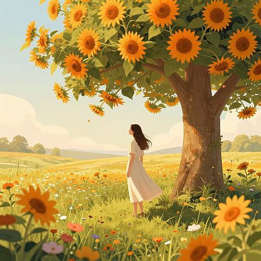 Digital painting of a girl in a white dress standing under a sunflower tree in a sunlit meadow, surrounded by vibrant flowers.