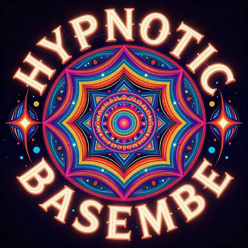 Vibrant digital illustration of a neon, circular, mandala-like design with 