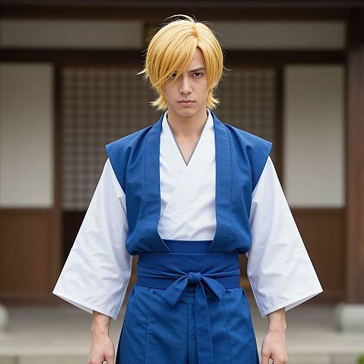 CGI image of a serious, blonde-haired man in a blue and white traditional Japanese martial arts uniform, standing in front of a wooden building with sh