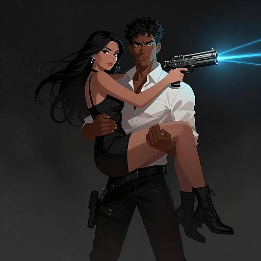 Futuristic Duo in a Dark Landscape