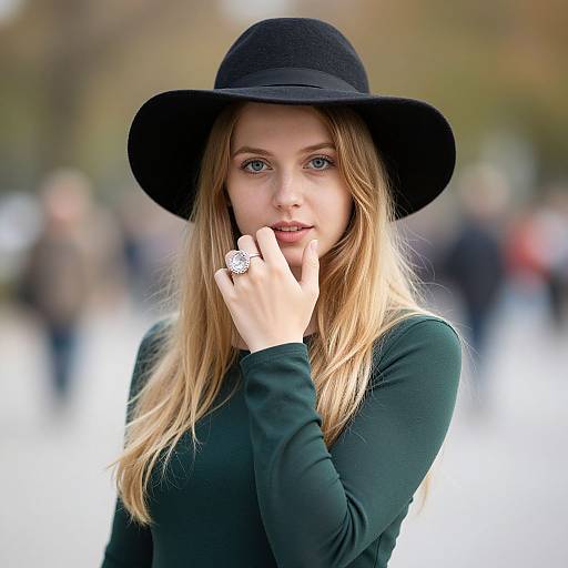 Photograph of a blonde woman with fair skin, wearing a black wide-brim hat, green long-sleeve top, and large silver ring,