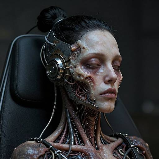 Cybernetic portrait of a woman with exposed, metallic neck wiring and headgear, sitting in a dark chair, eyes closed. Photorealistic