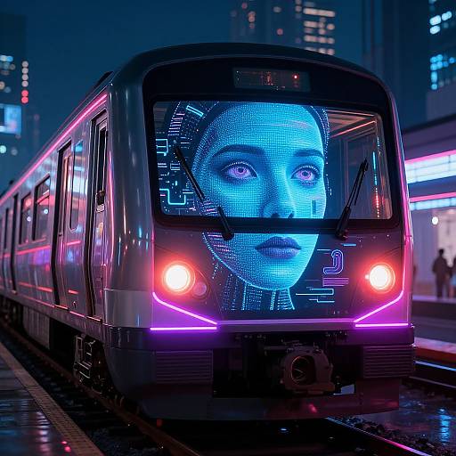 Neon-lit urban train with digital face display of a woman in blue light, pink and purple LED accents, nighttime cityscape.