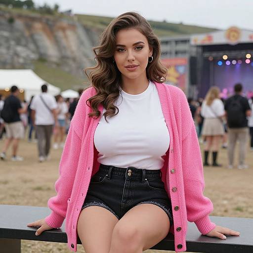 Photograph of a young woman with wavy brown hair, wearing a pink cardigan, white top, and black shorts, sitting outdoors at a crowded