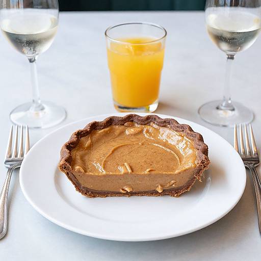 Photograph of a creamy, brown, chocolate-topped pie on a white plate, accompanied by a glass of orange juice and two wine glasses on a