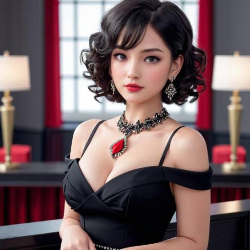 Elegant woman in black evening dress with statement jewelry
