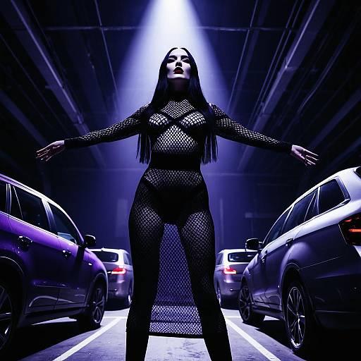 Gothic fashion model in fishnet dress with spotlight