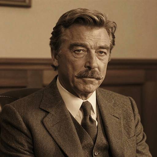 Photograph of an older man with a mustache, wearing a dark tweed suit, white shirt, and tie, in a warmly lit room.