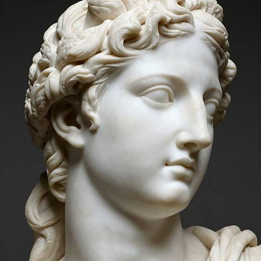 Photograph of a detailed white marble bust of a classical female figure with intricately curled hair, soft facial features, and a serene expression, set against