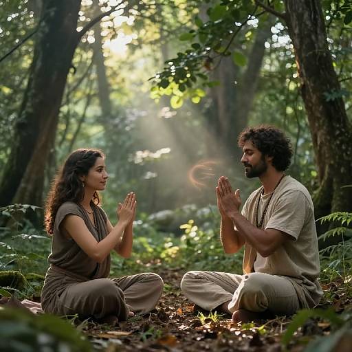 Photograph of a curly-haired woman and bearded man in a forest, both kneeling and praying with hands raised, bathed in sunlight.