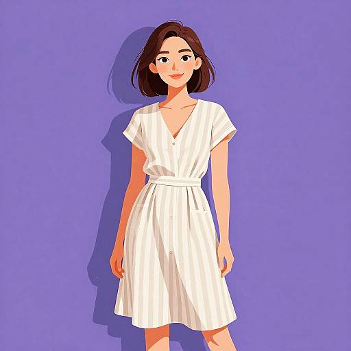 Digital illustration of a smiling woman with short brown hair, wearing a white, short-sleeved, V-neck dress, against a solid purple background.